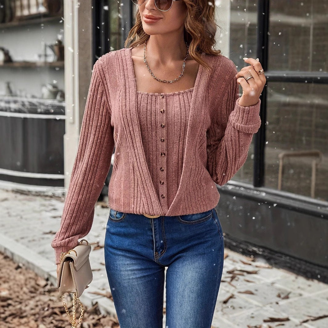 Spring Autumn New Arrival Casual Fashionable Relaxed-Fit Solid Color Button Square Neck Knit Top