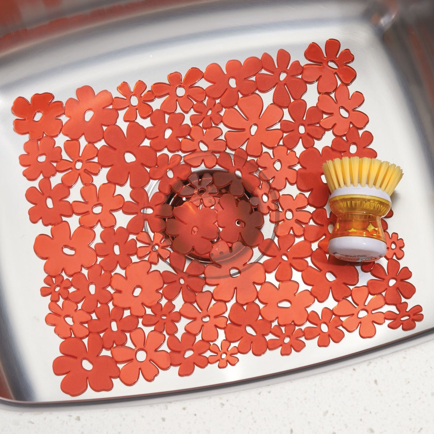 iDesign Blumz Floral Red Flexible Plastic Large Sink Protector Mat 12.5in x 16in - ThisandThatShoppe