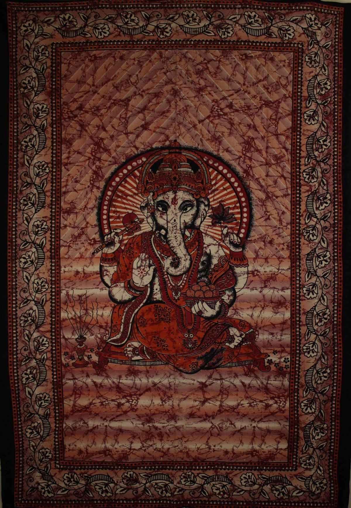 Red Ganesha Batik Tie Dye Tapestry Twin Size Wall Hanging