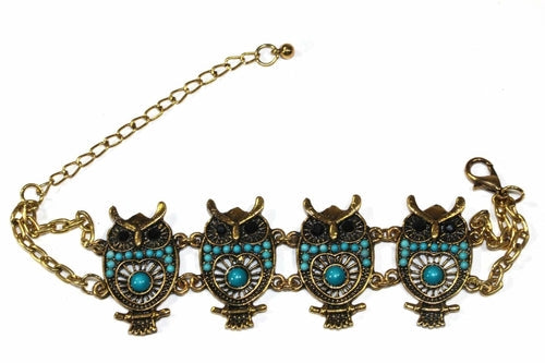 Handmade Gold Tone Owl Bracelet With Colorful Bead Drops