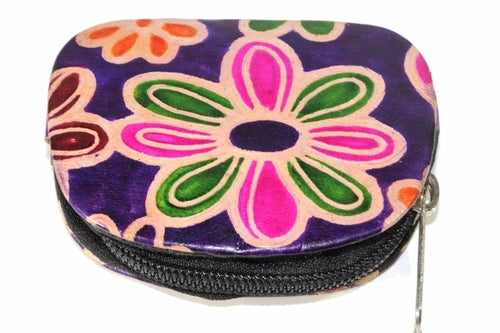 Groovy Flower Leather Coin Purse Embossed Zip Compact