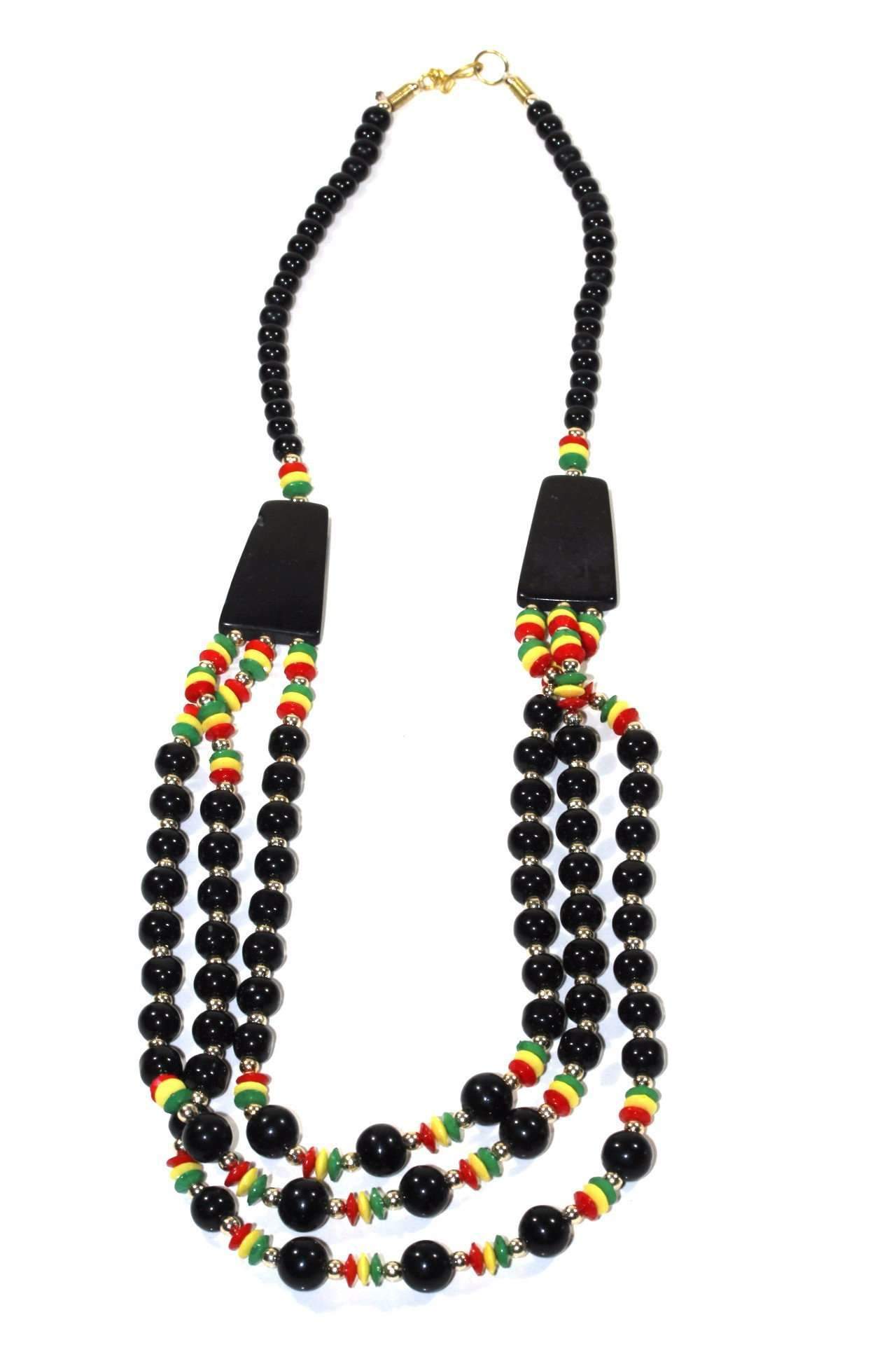 Collier Rasta Reggae à Trois Niveaux Onyx Noir Perles Vibrantes
