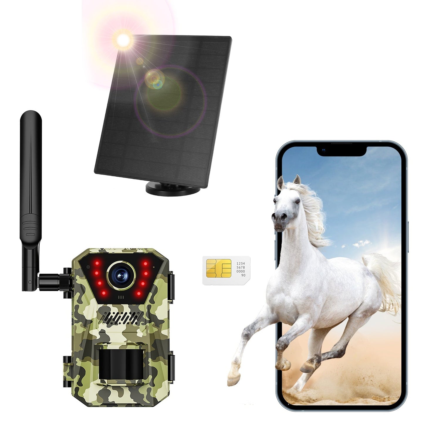 4G 4K 30FPS Solar Wildkamera, Outdoor Wildtierkamera, bewegungsaktiviert, IP66 wasserdicht mit 140º Betrachtungswinkel, No-Glow Nachtsicht, SIM-Karte, APP-Steuerung