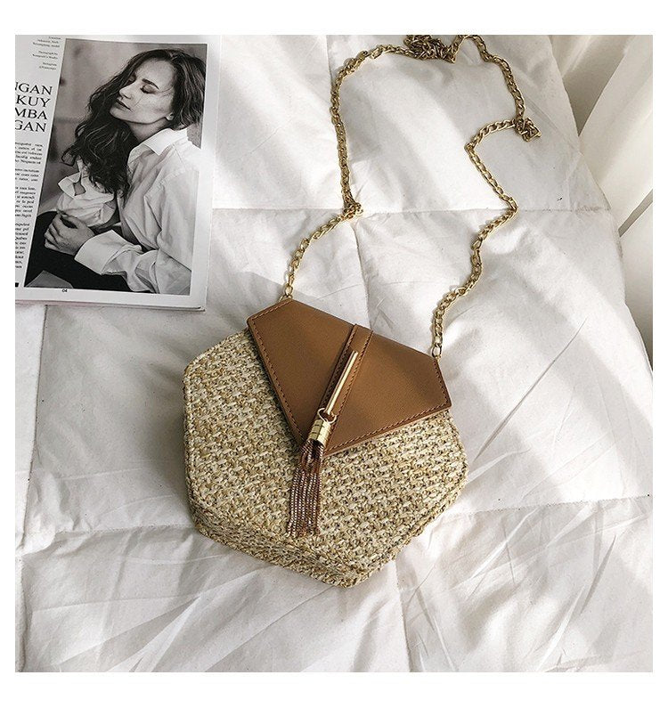 New Famous Mulit Style Straw+leather Handba For Women And Girls New Fashion Summer Bag Handmade Woven Beach Circle Shoulder Bag