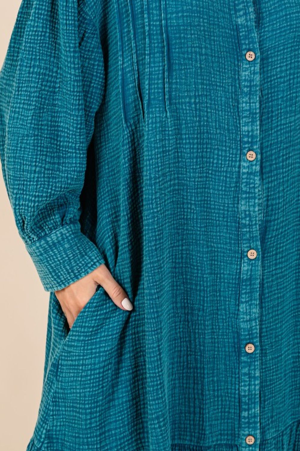 New Mineral Wash Cotton Gauze Ruffle Midi Shirt Dress For Women – Trendy, Chic, Casual & Feminine Design For Any Occasion