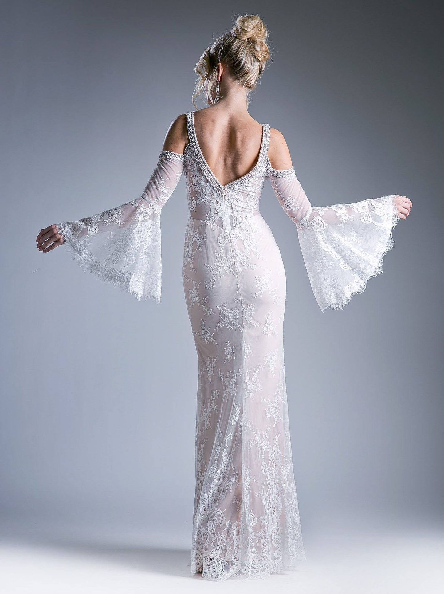 Cinderella Divine 13112 Cold Shoulder Long Sheath Dress Trumpet Bell Sleeves