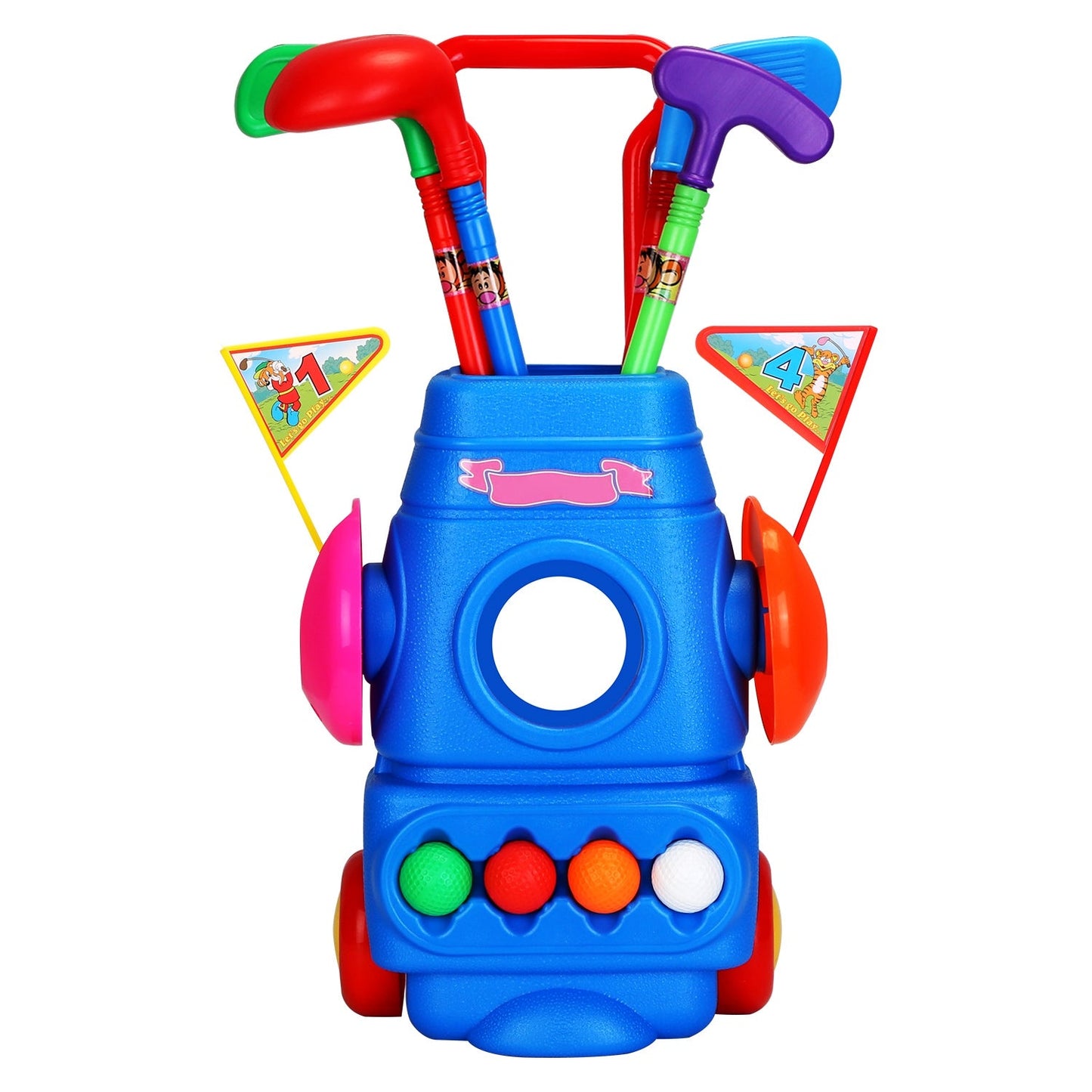 Kleinkinder-Golfset mit 4 Bällen, 4 Schlägern, 2 Löchern, 2 Flaggen, Golfwagen, Golfspiel für Drinnen und Draußen, Geschenk für 3-5-jährige Kinder