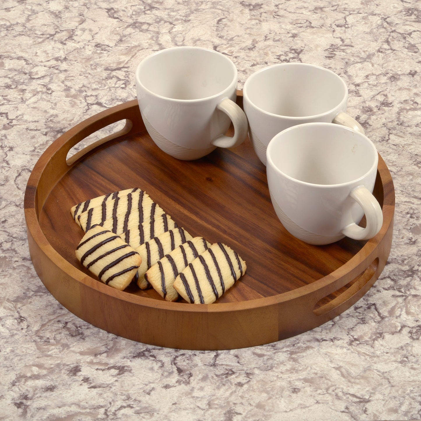 15 in Round Acacia Serving Tray With Handles Solid Bottom Charcuterie