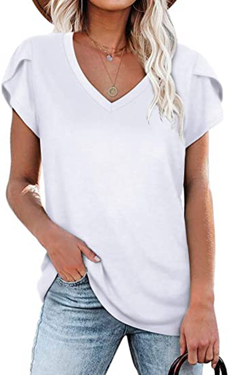 šø Women's V-Neck Petal Sleeve Summer T-Shirt ā Elegant & Breezy