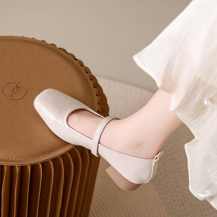 Women French Style Genuine Leather Mary Jane Pumps, New Square Toe Block Heel Fairy Style Gentle Elegant Shoes For Dresses