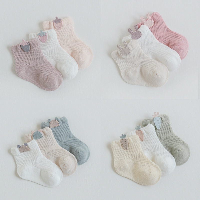 3 Pairs Cartoon Candy Color Cotton Fashion Elastic Band Socks For Newborn Boys And Girls