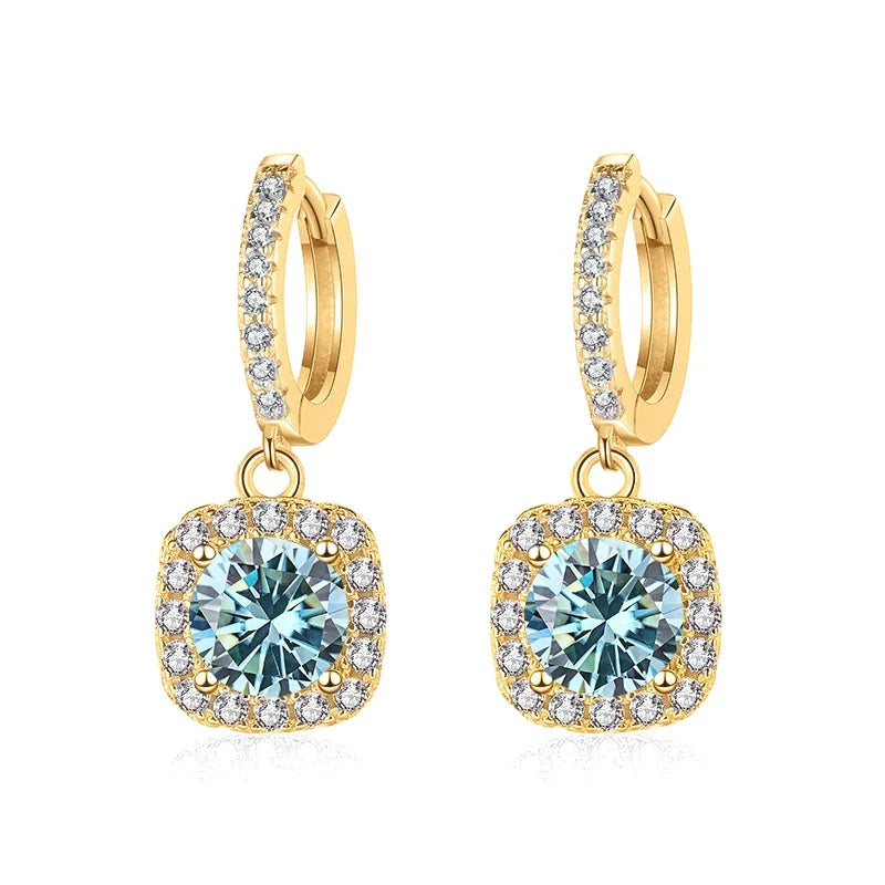 Colored Moissanite Cushion Halo Drop Hoop Earrings