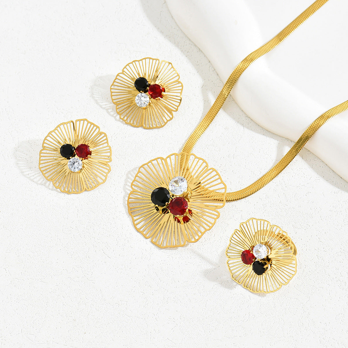 Light Luxury European American Jewelry Set, Floral Niche Design Inlaid Cubic Zirconia, Includes Earrings, Long Pendant Necklace And Matching Ring For Women