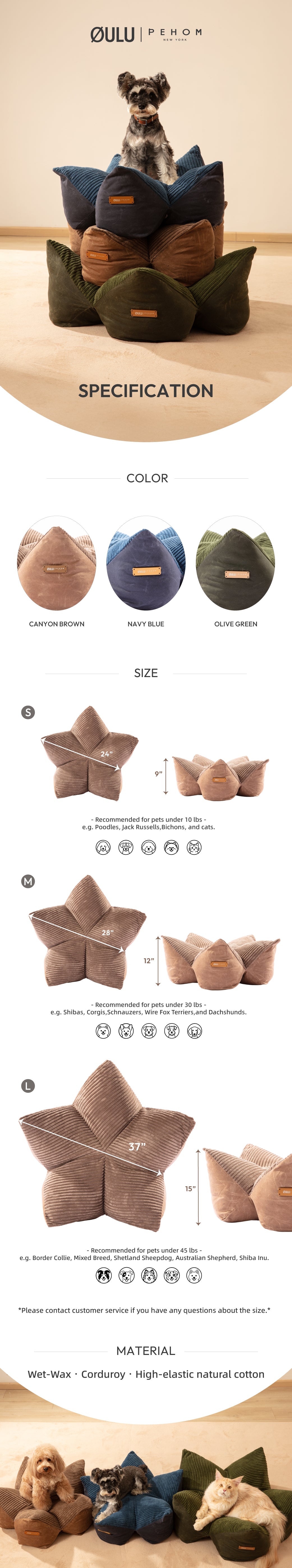 OULU X PEHOM - CUDDLE PET PILLOW BED- Navy Blue / Olive Green / Canyon Brown
