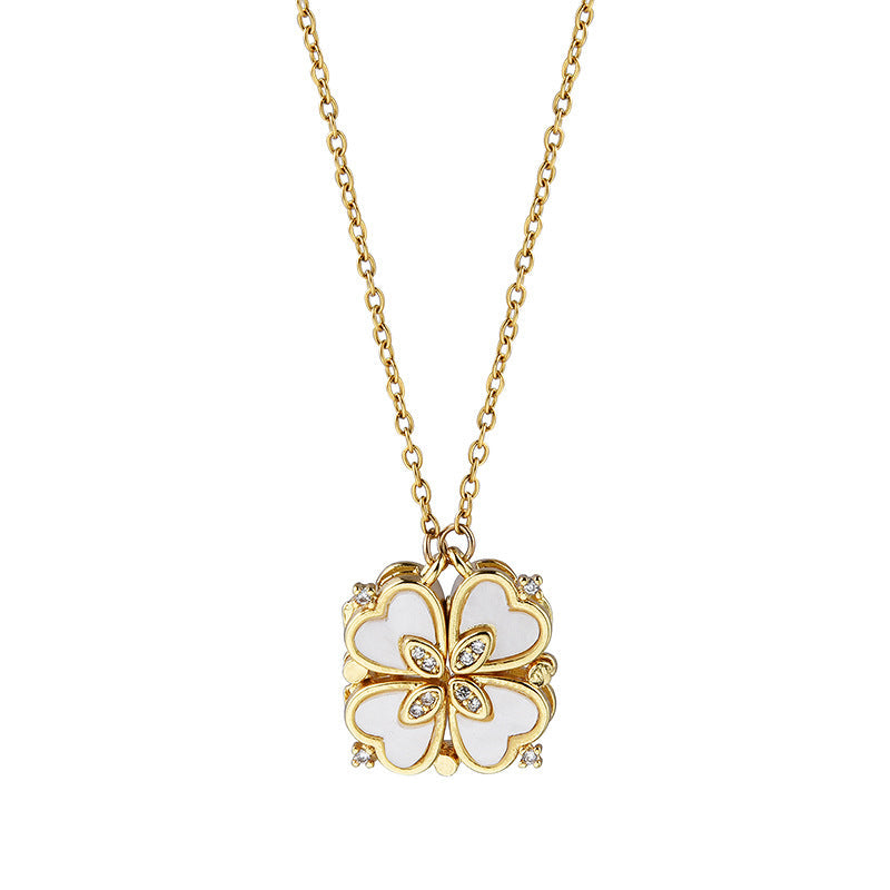 Magnetic Convertible Four Leaf Clover Necklace For Women, 4 Connected Heart Zircon Pendant Adjustable Sweater Chain, Dainty Elegant Fashion Jewelry