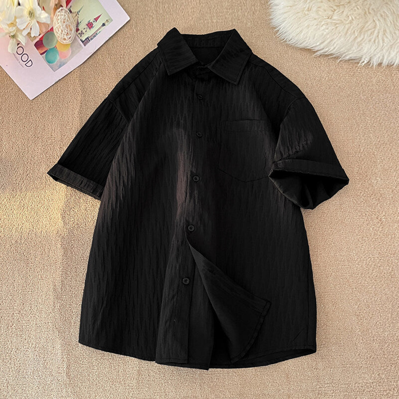 Textured Striped White Ice Silk Short Sleeve