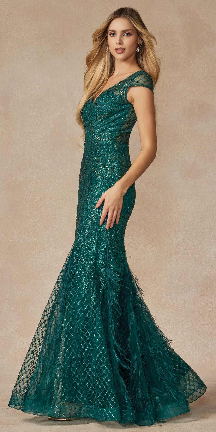 Juliet 286 Floor Length Feather Skirt Embellished Fitted Prom Dress