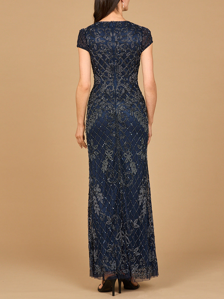 Meerjungfrauenkleid mit Perlen und kurzen Ärmeln