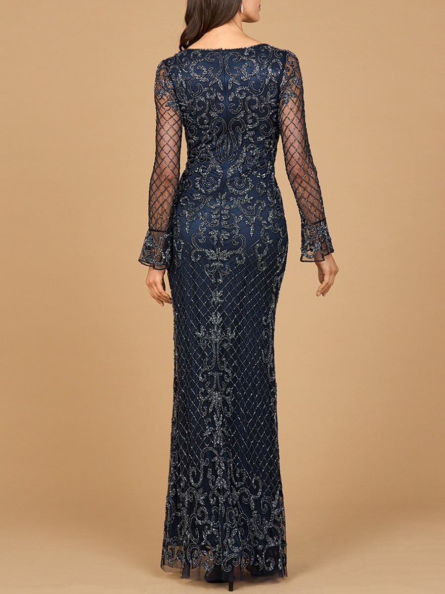 Robe longue à col en V et manches longues perlées