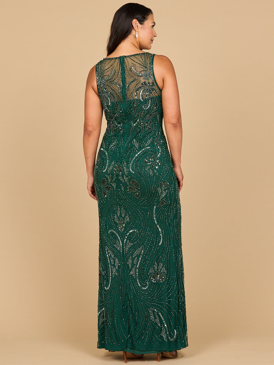 Perlenbesticktes Abendkleid mit hohem Ausschnitt