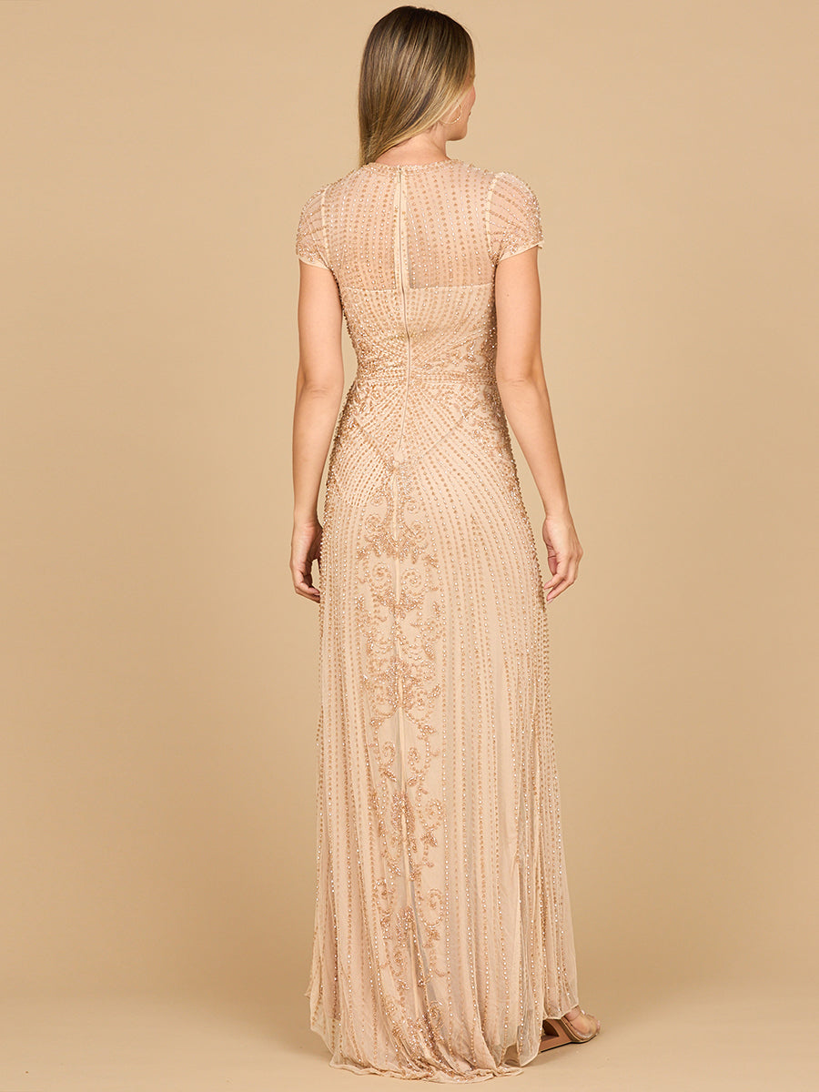 Perlenbesetzte Kappenärmel Illusion Plunge Abendkleid | Lara 28869
