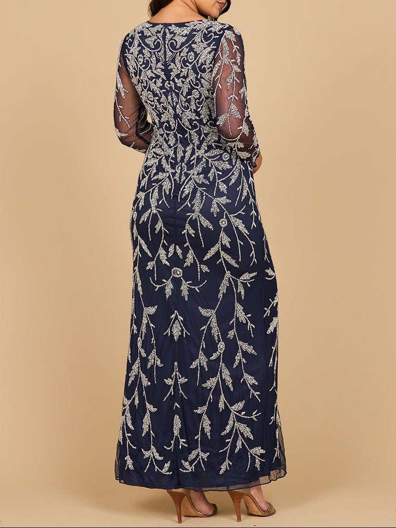 Lara 28870 – Langärmeliges Abendkleid mit kontrastierenden Perlenstickereien