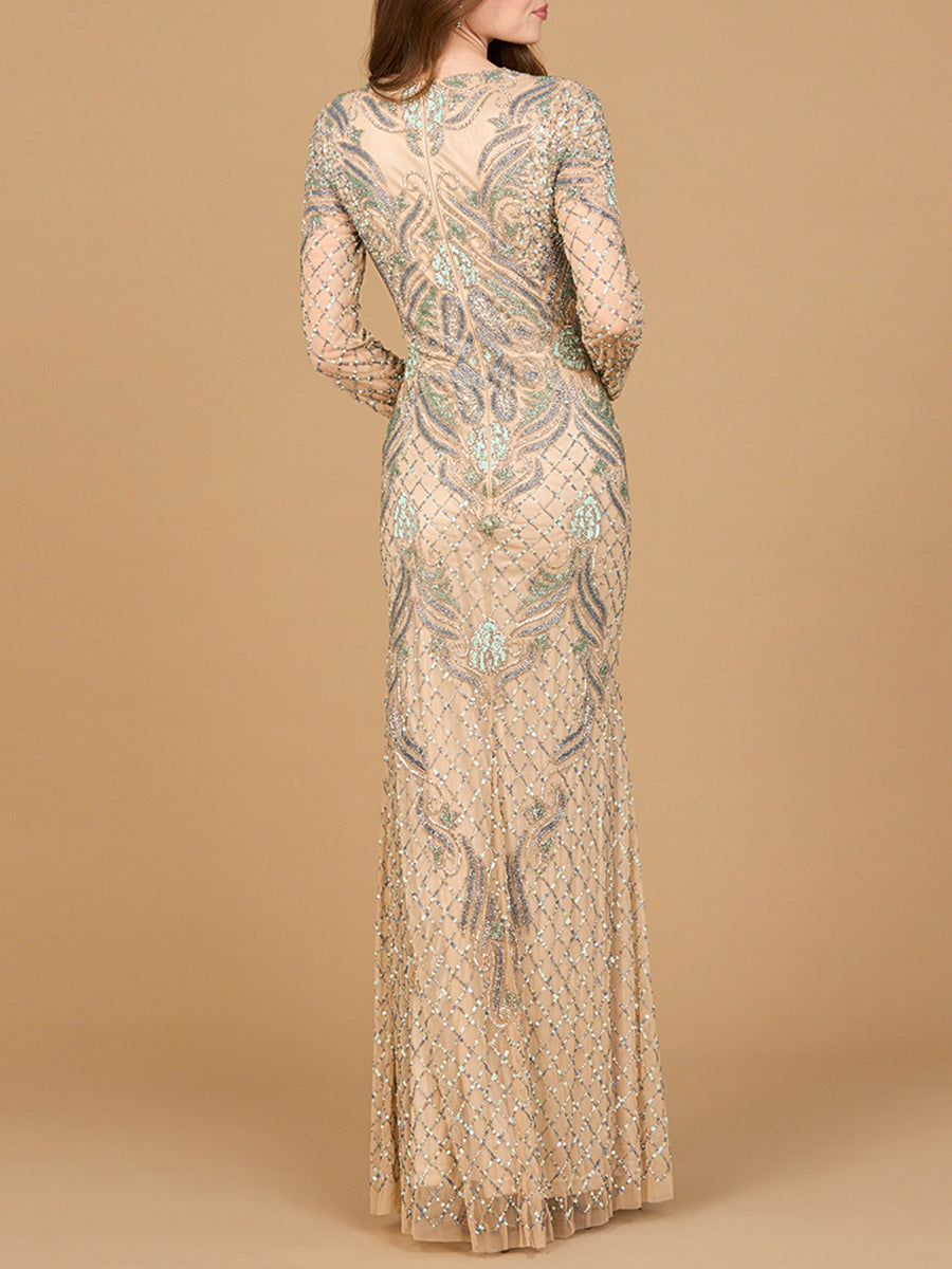 Robe longue perlée à manches longues