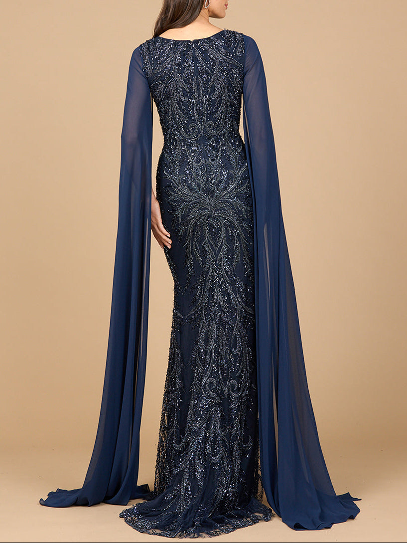 Hochgeschlossenes Abendkleid mit Chiffon-Cape-Ärmeln