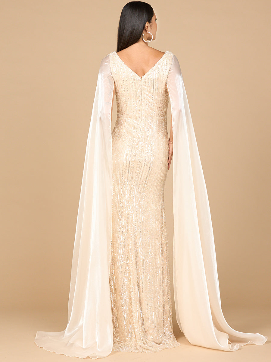 Perlenbesetztes Kleid mit Satincape-Ärmeln