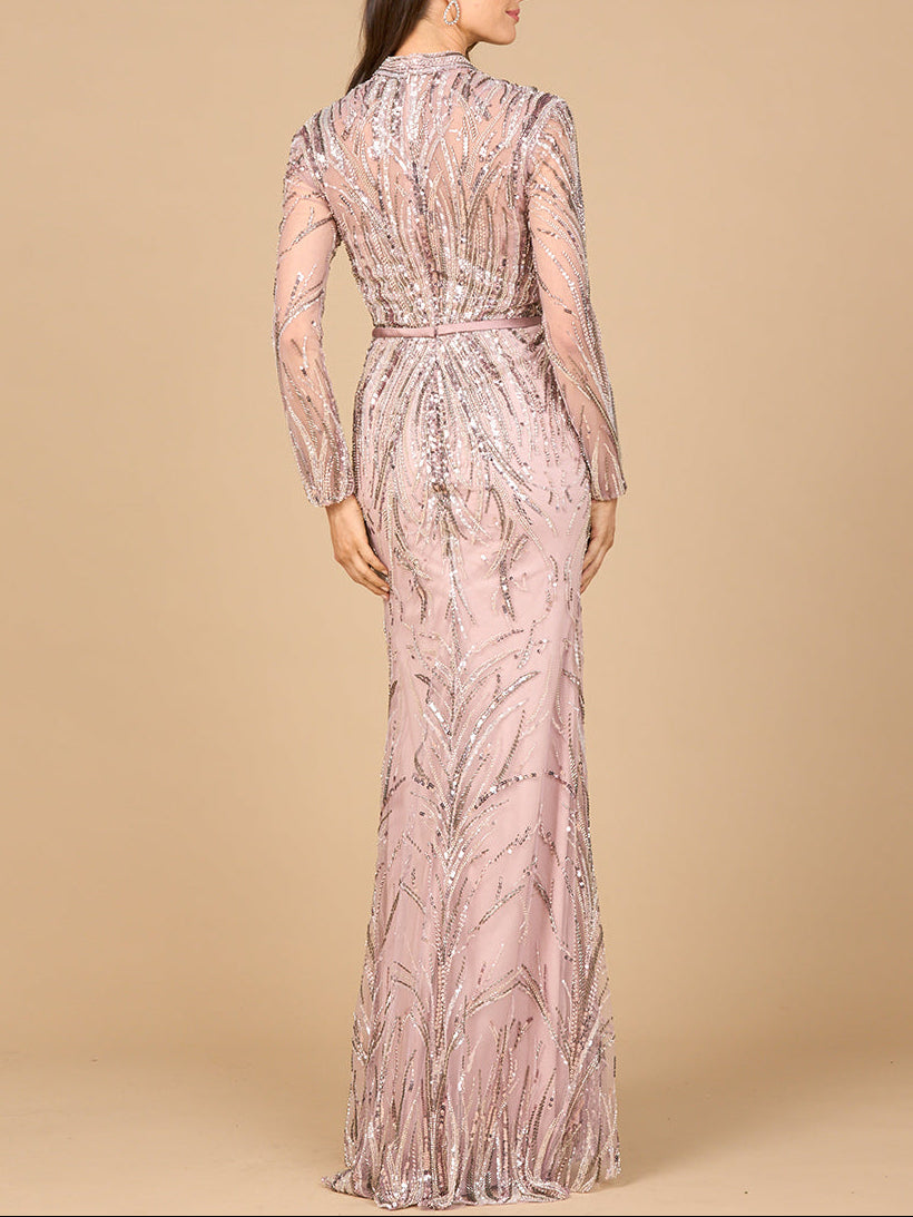 Robe de soirée col mandarin à manches longues