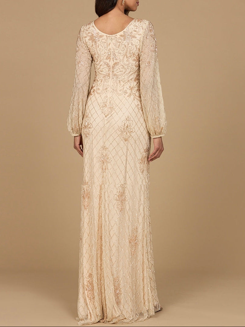 Long Sleeve Beaded Gown with Bishop Sleeves