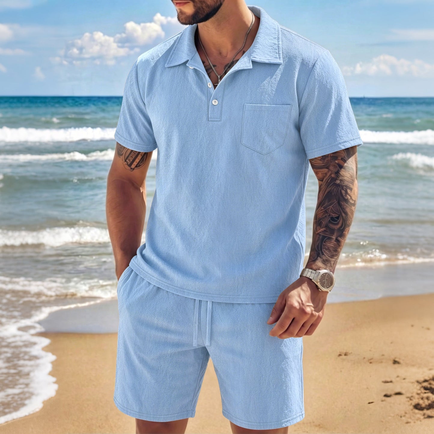 New Mens Summer Linen Two-piece Set
