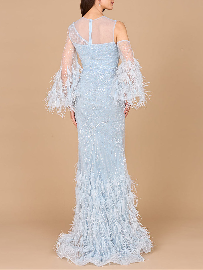 Robe sirène en dentelle à épaules dénudées avec plumes - OUTLET