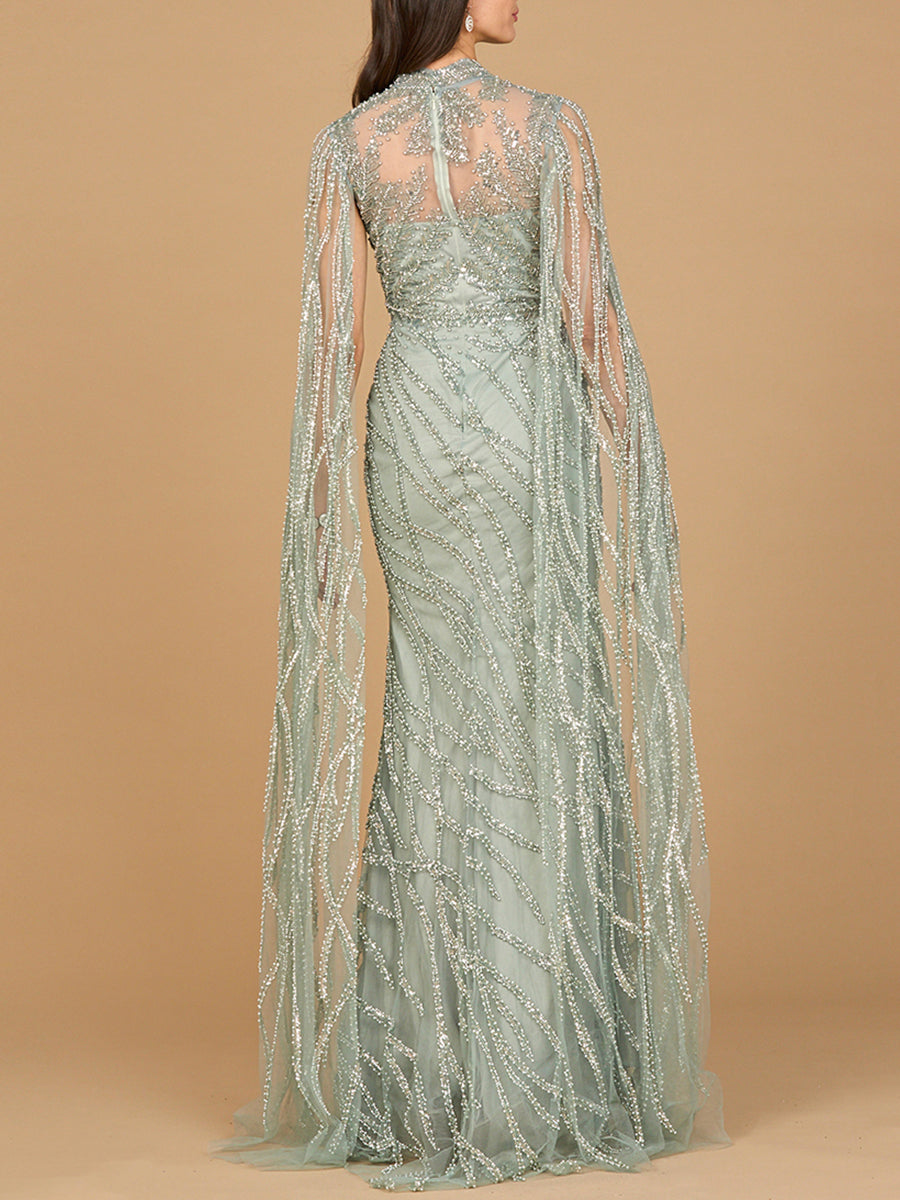 Hochgeschlossenes Abendkleid mit langen Cape-Ärmeln