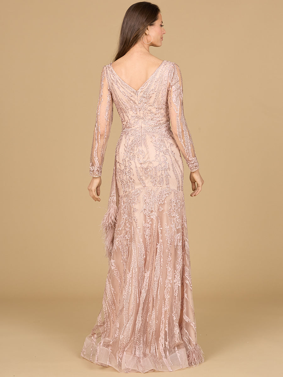 Langärmeliges V-Ausschnitt-Spitzenkleid mit Federn