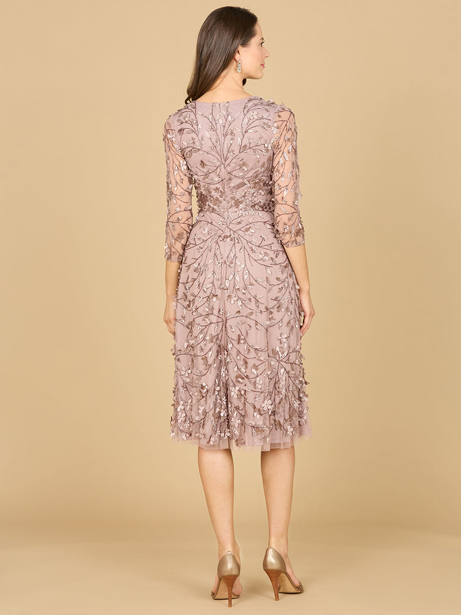 Robe midi fluide brodée en 3D avec manches