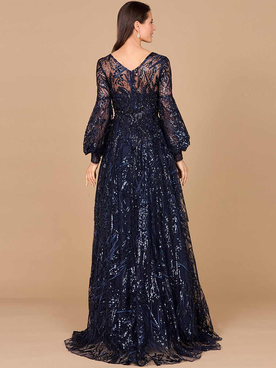 Abendkleid mit V-Ausschnitt und langen Ärmeln