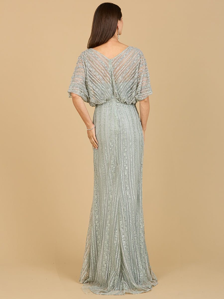 Abendkleid mit Cape-Ärmeln, V-Ausschnitt und geometrischen Perlenstickereien