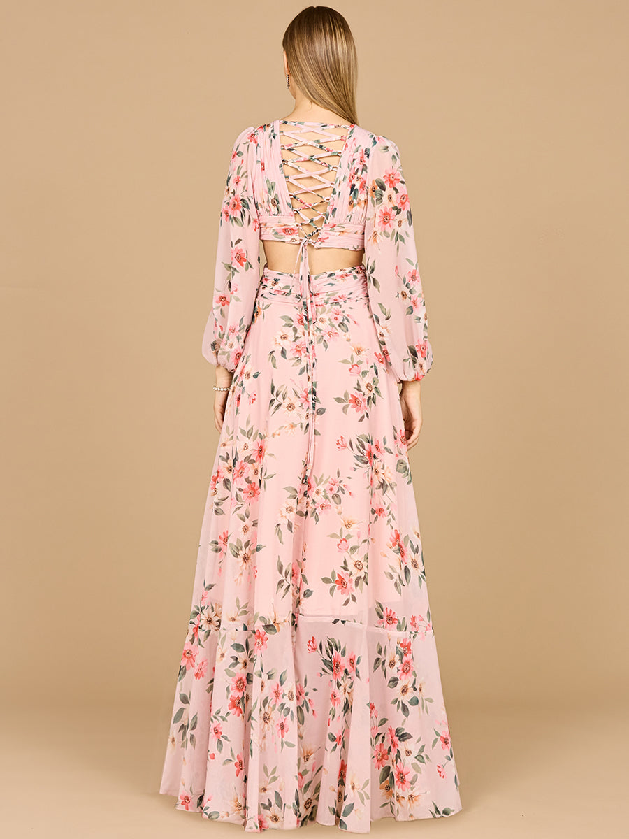 Robe imprimée à manches longues, col en V et jupe superposée - OUTLET