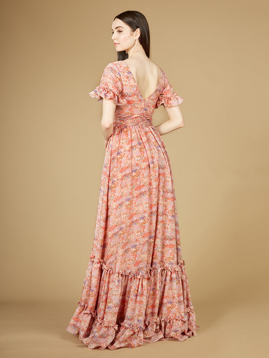 Langes Print-Kleid mit Flügelärmeln - OUTLET