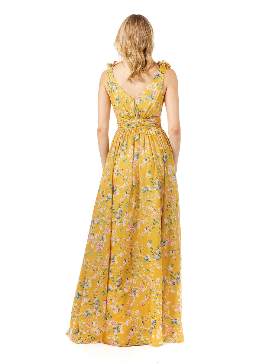 Langärmeliges V-Ausschnitt-Kleid mit Trägern und Print