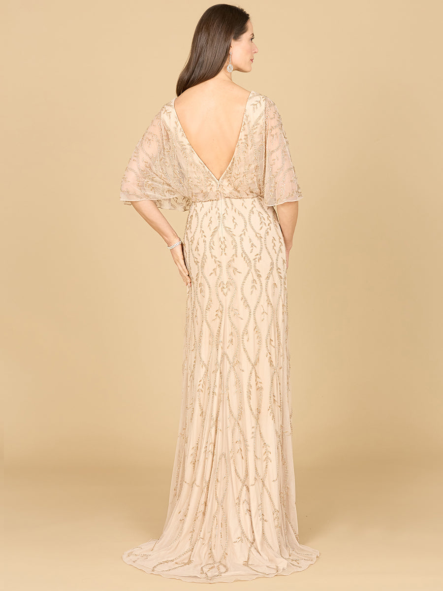 Robe de bal ornée de perles à manches cape illusion