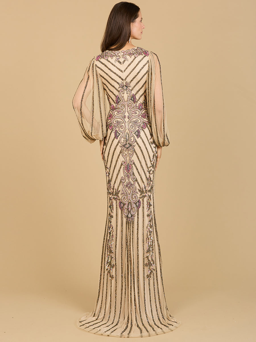 Langes Perlenkleid mit bauschigen Ärmeln