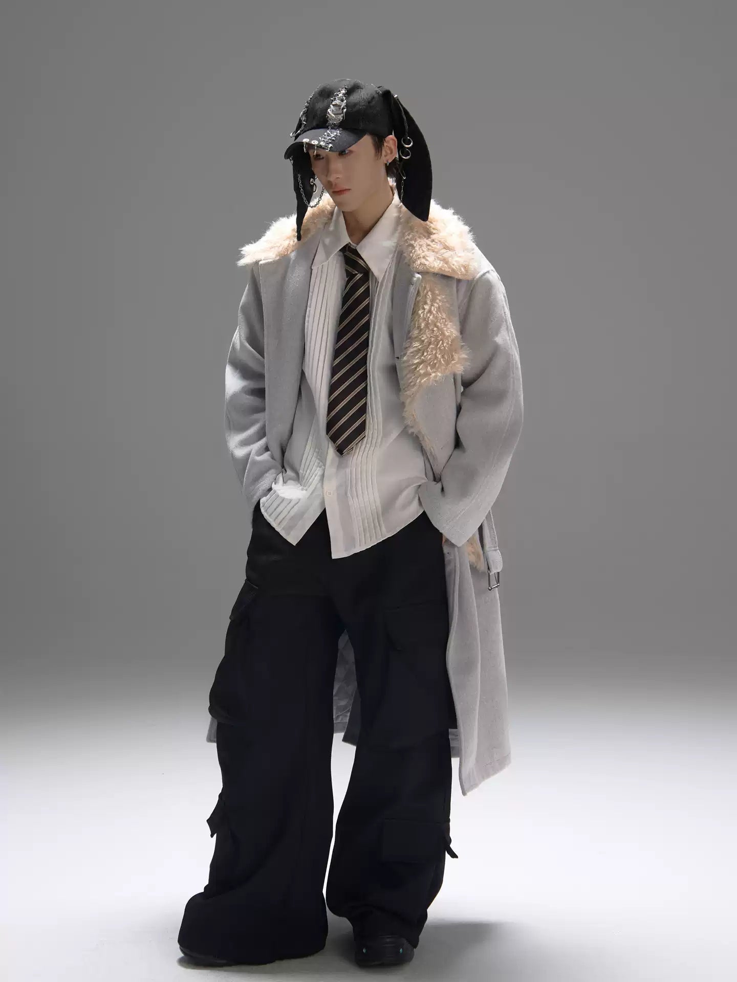 Color-block Design Over-the-knee Trench Coat Silhouette Plus-thick Cotton Coat