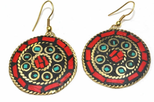 Boucles d'oreilles rondes en mosaïque faite à la main, ton or avec incrustation de couleur