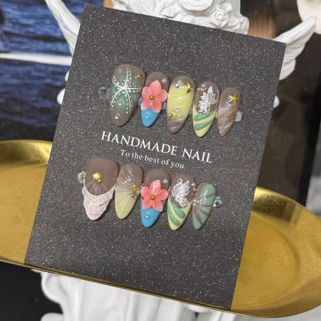 Handmade Press on Nails 3D Pinch Flower French Sweet and Cool Babes Ice Through