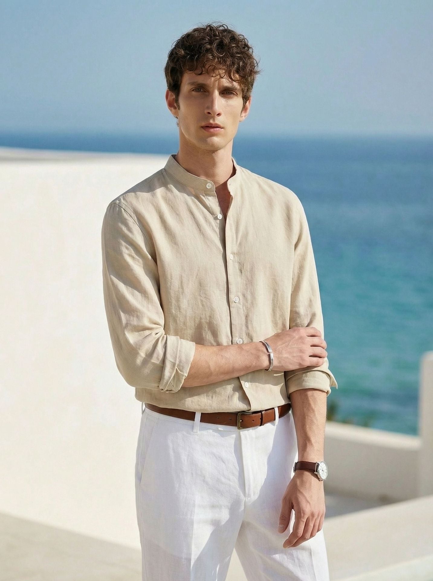Italian Neapolitan Luxury Pure Natural Linen Mens Long Sleeve Shirt