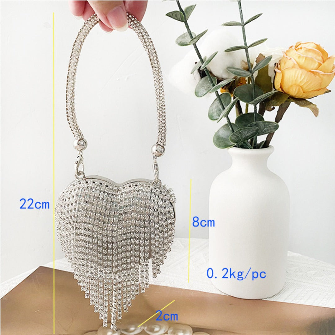 Fringed Rhinestone Bag, Birthday Party purse, Heart Shape Dinner Bag evening Clutch Purse Party, Prom Bag