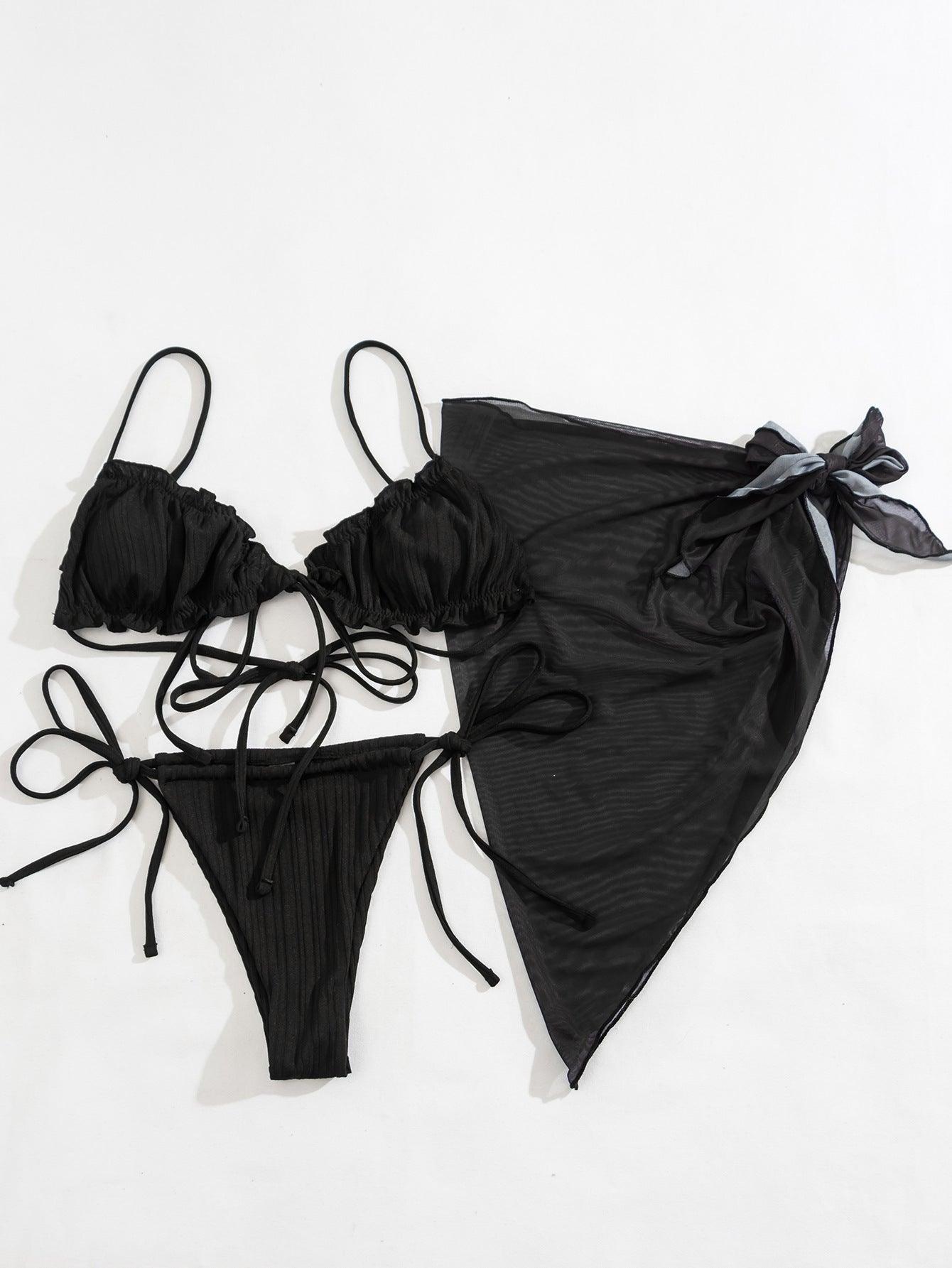 3PCS Ladies Split Swimwear Sets Women Swimsuit Women's Bikini Swimsuits Bikini Set With Wrap Skirt Underwire Swimwear Bathing Suit Chiffon Cover Up Bikini Ruffles Lace-up Mesh Cover Ups Bikinis Set