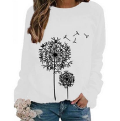 Womens Dandelion-Print Crew-Neck Long-Sleeve Loose Casual Sweatshirt